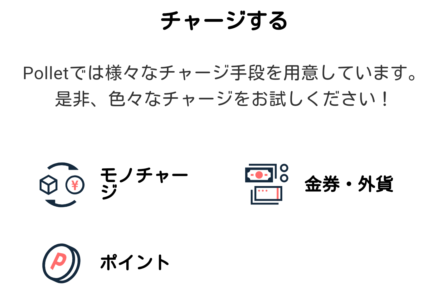 Polletのチャージはモノチャージ、金言・外貨、ポイントの3種類