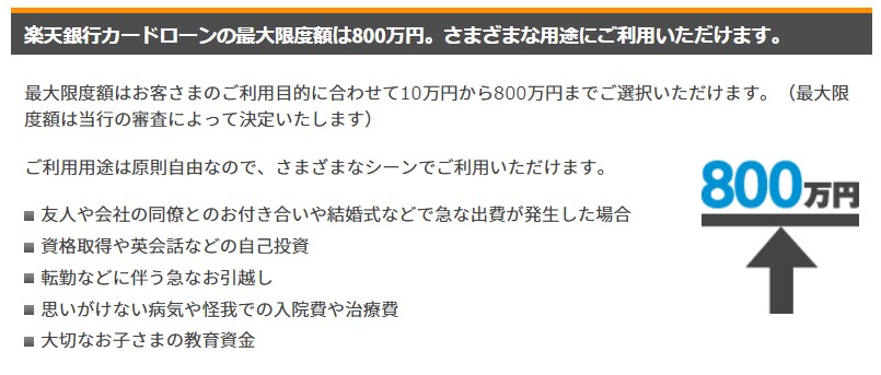 楽天銀行　楽天銀行スーパーローンの最大限度額は800万円