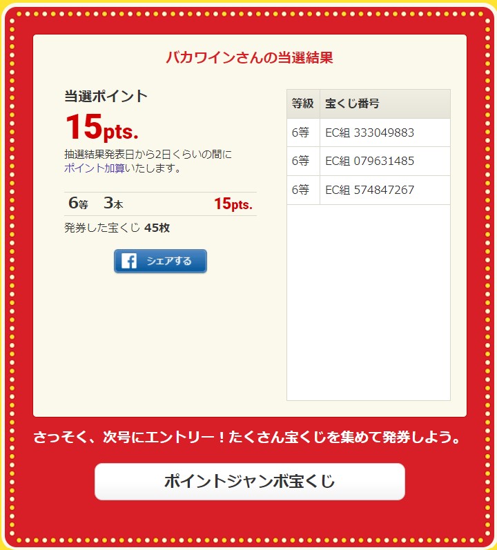 ECナビポイントジャンボ宝くじの結果発表（個人）