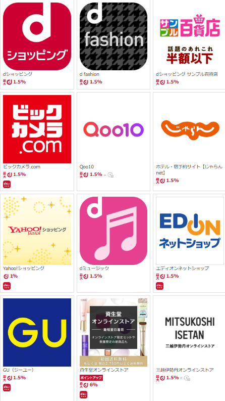 dポイントマーケット 対象サイト1