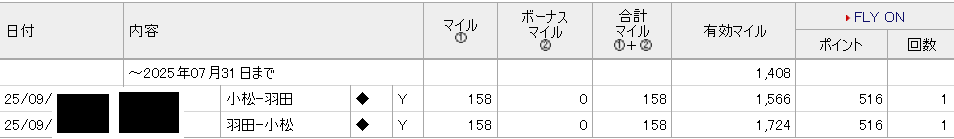 小松と東京の往復で獲得できるマイル