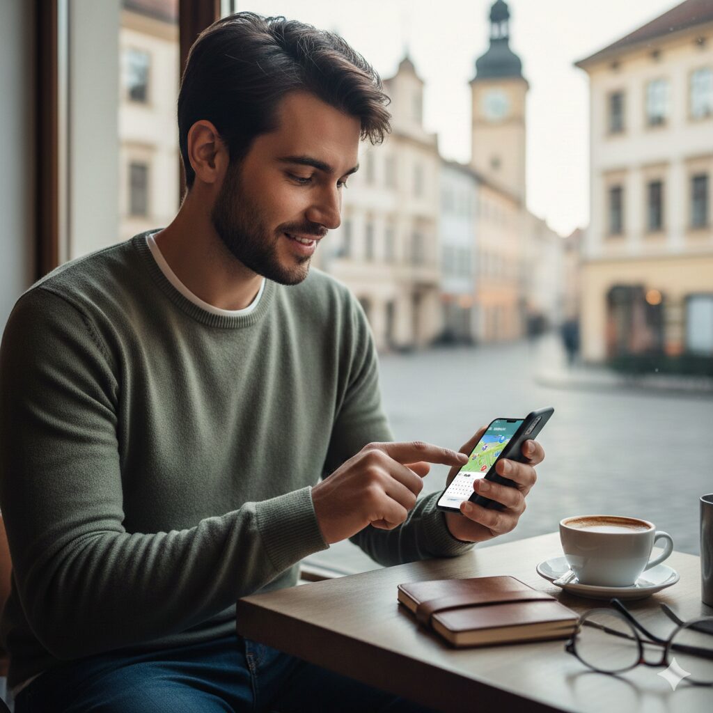 スマホで旅行予約している男性の画像