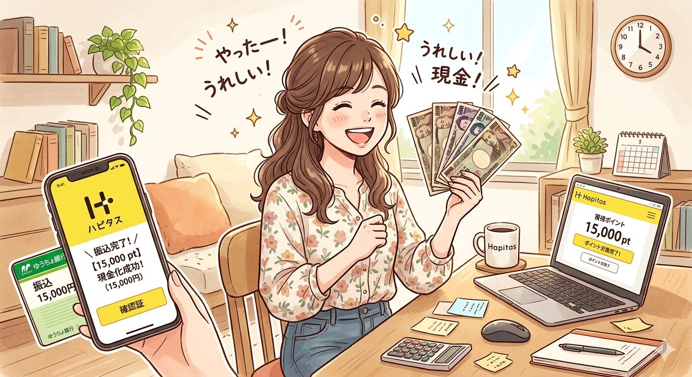 ハピタスを利用して喜んでいる主婦のイラスト