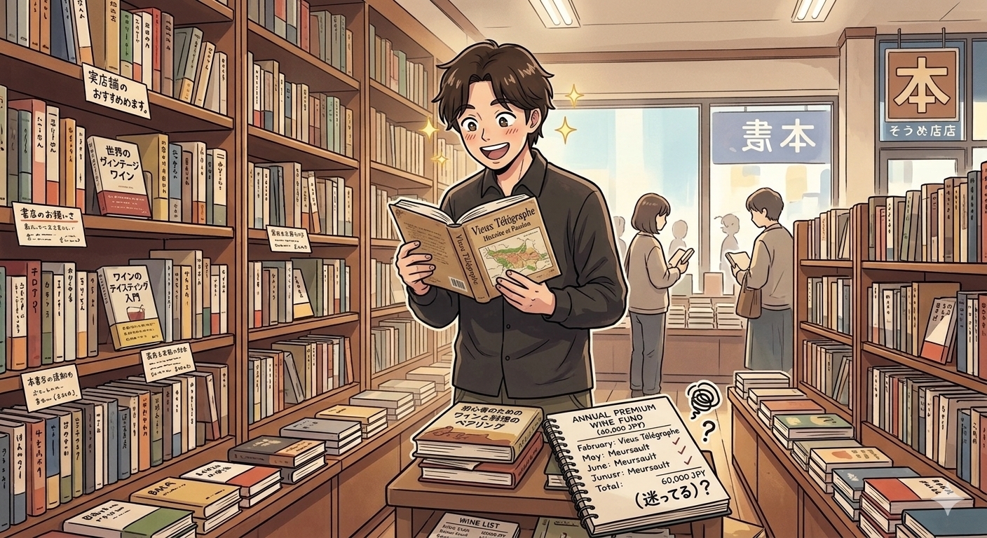バカワインが本屋で本を選んでいるシーン